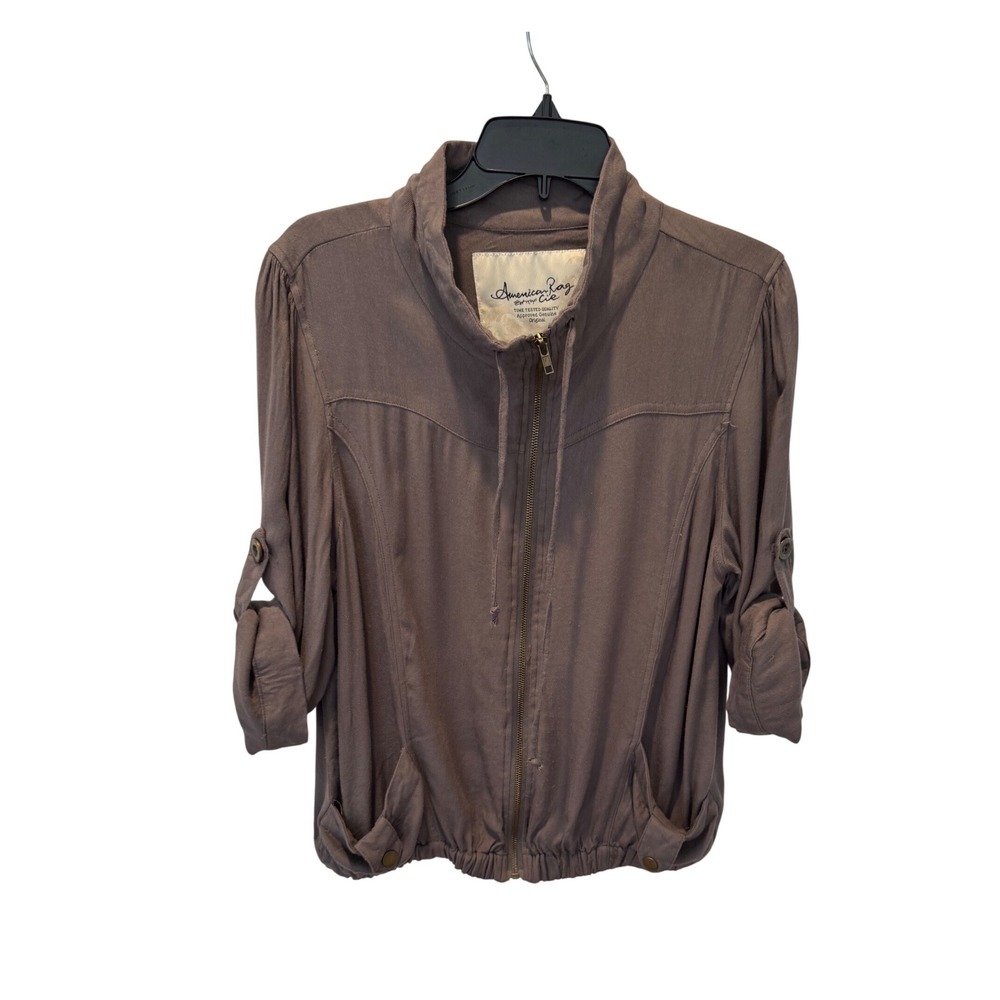🌴 American Rag Taupe Brown Rayon Utility Bomber Jacket 3/4 Roll Tab Sleeve